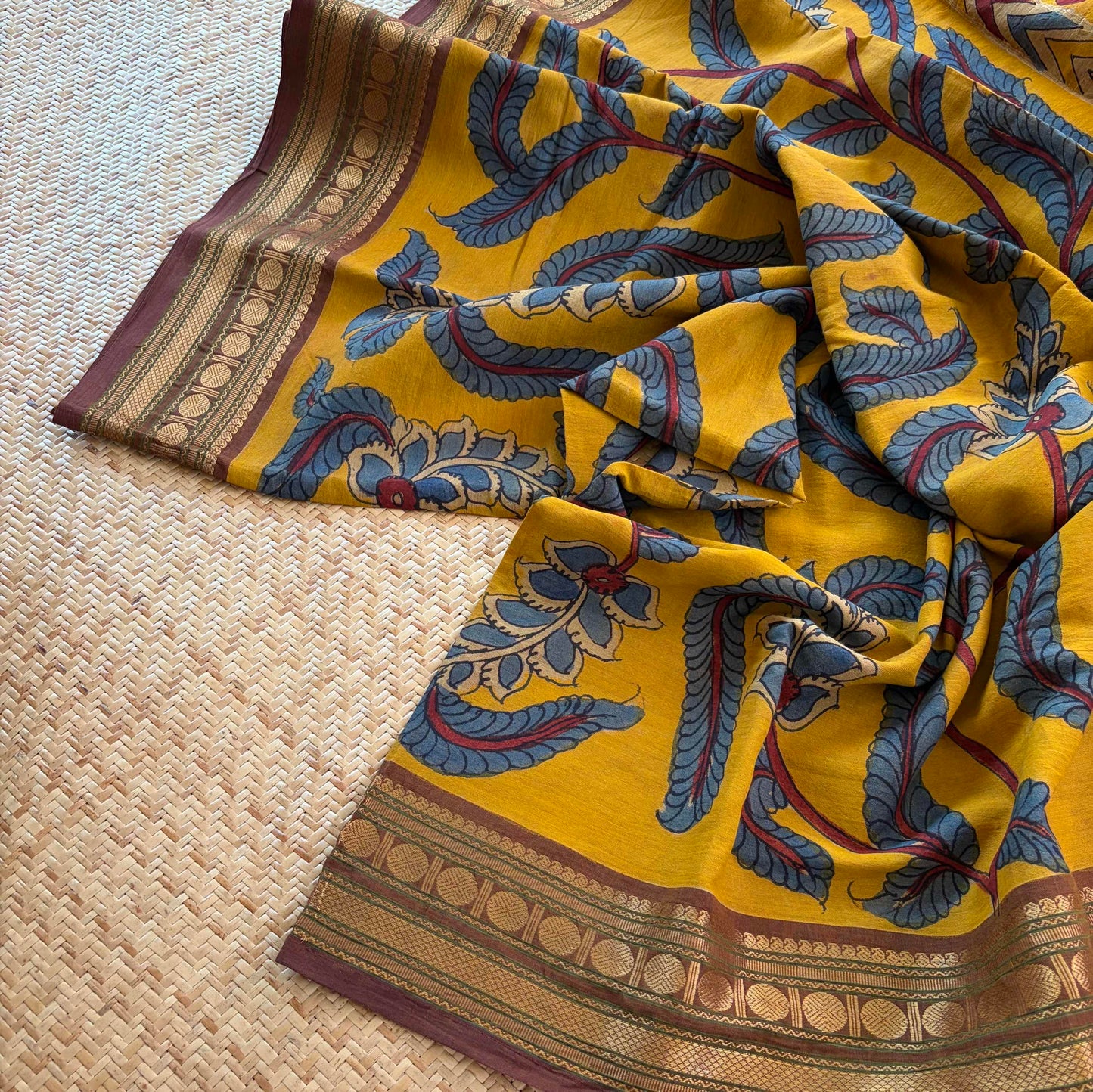 Mustard Kalamkari Hand Painted on Chettinad Cotton saree