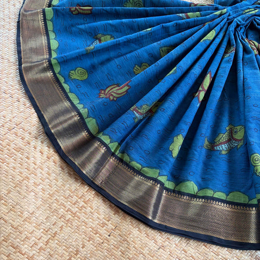 Blue Kalamkari Hand Painted on Chettinad Cotton saree