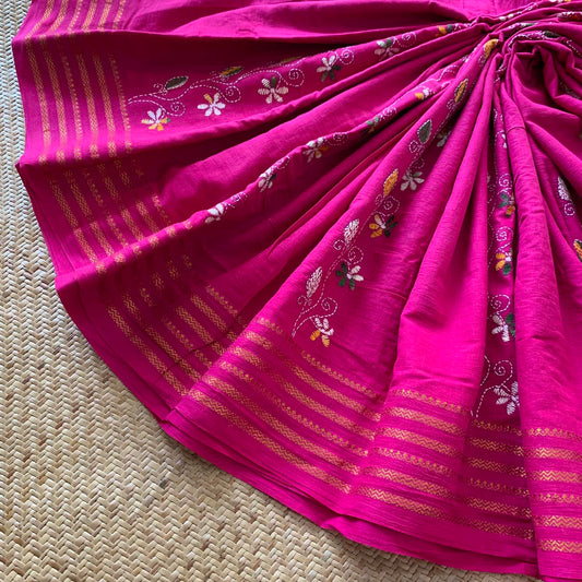 Sungudi Saree with multi colour thread Kantha embroidery