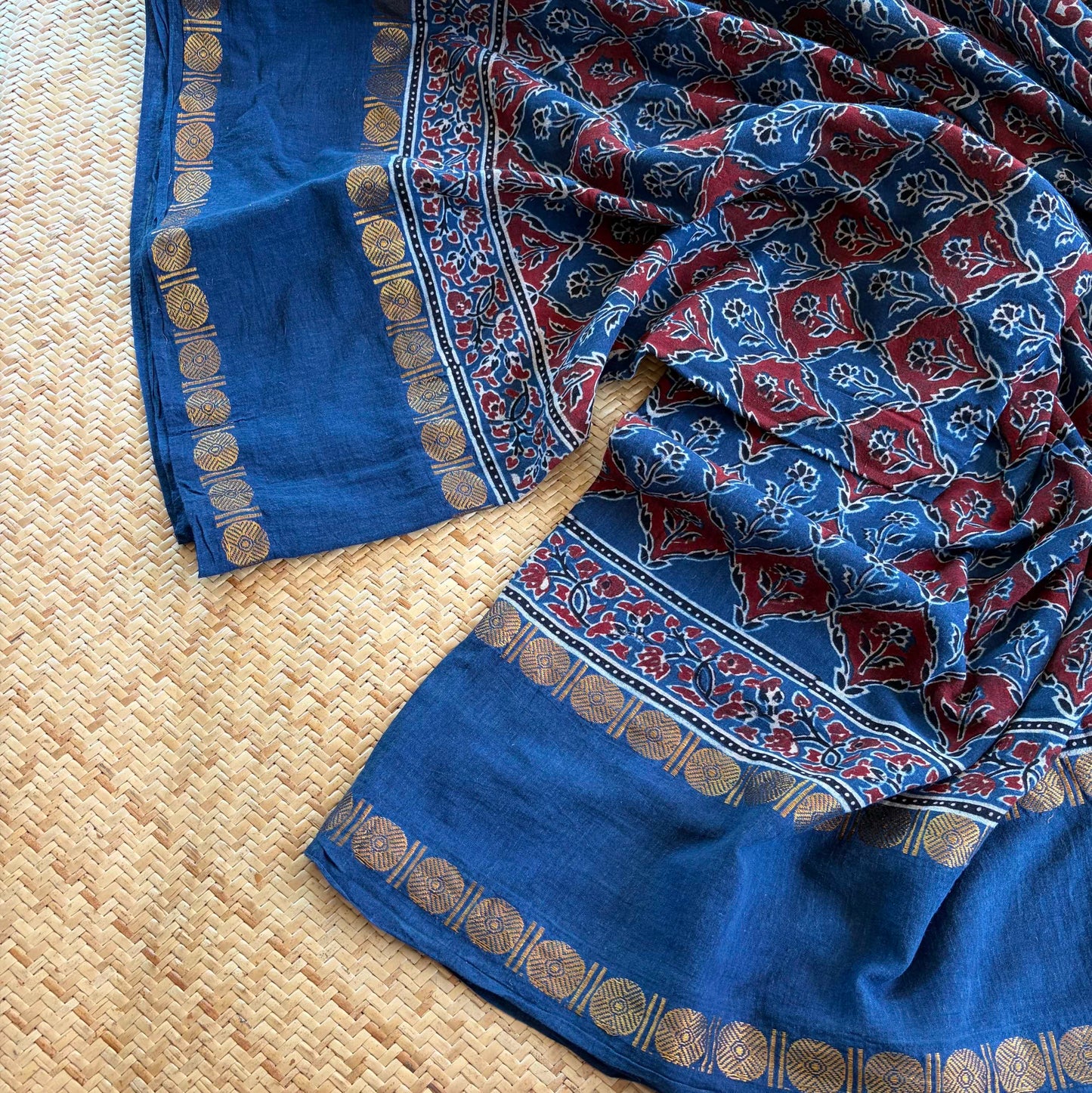 Indigo, Ajrak Hand Block Printed On Madurai Cotton Saree With Zari