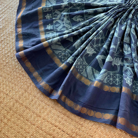 Frames - Denim Blue, Hand Crafted Shibori Sungudi Cotton Saree