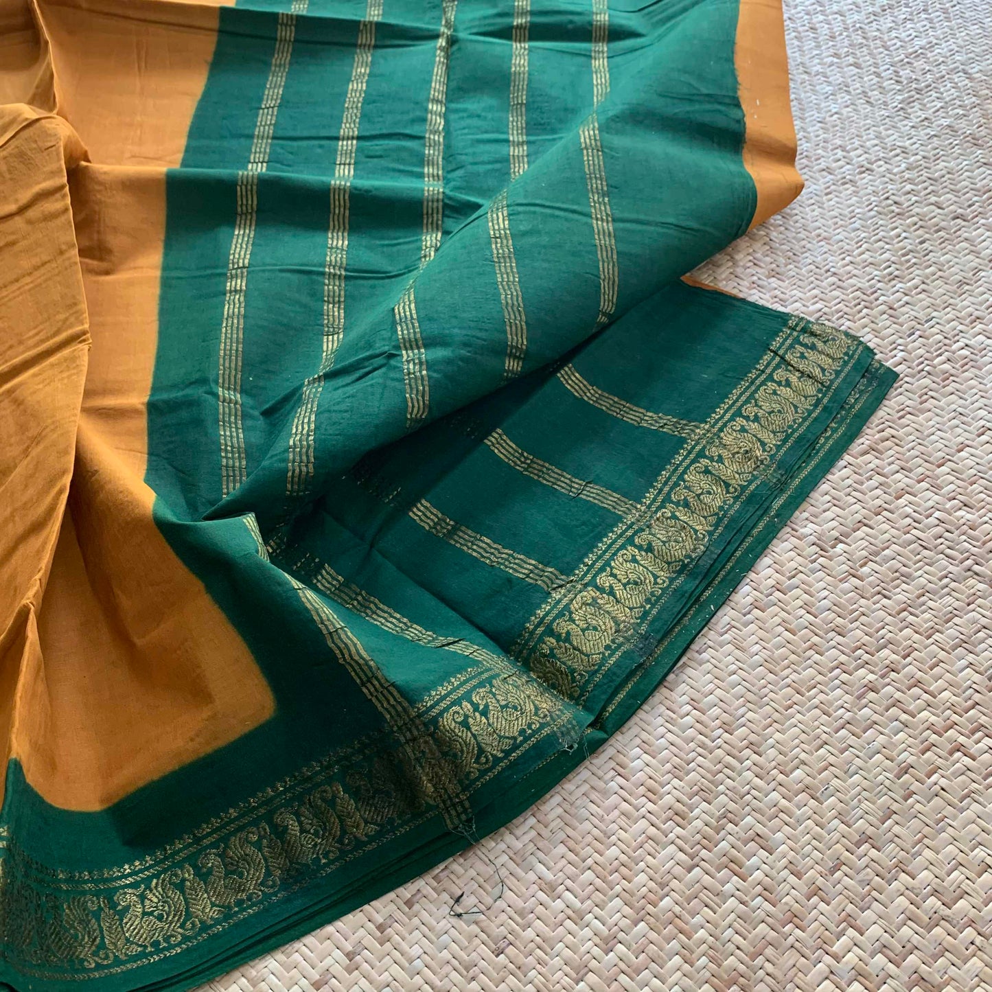 Mustard Saree With Green Half Fine Zari Border, Clamp dyed (Kattu sayam).