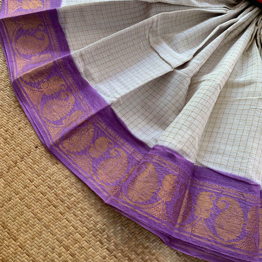 Pure White Saree With Lavender Border, Madurai Kattam, Sungudi Cotton Saree