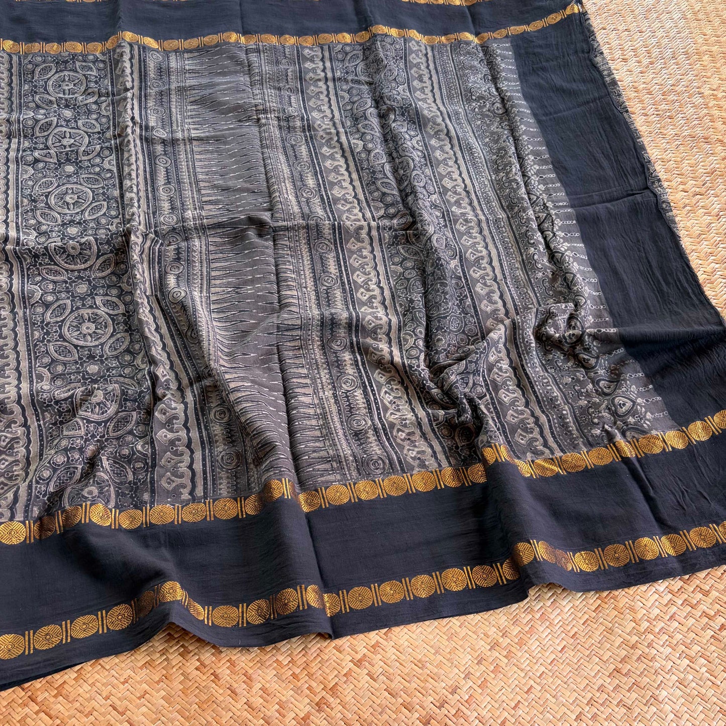 Grey, Ajrak Hand Block Printed On Madurai Cotton Saree With Zari