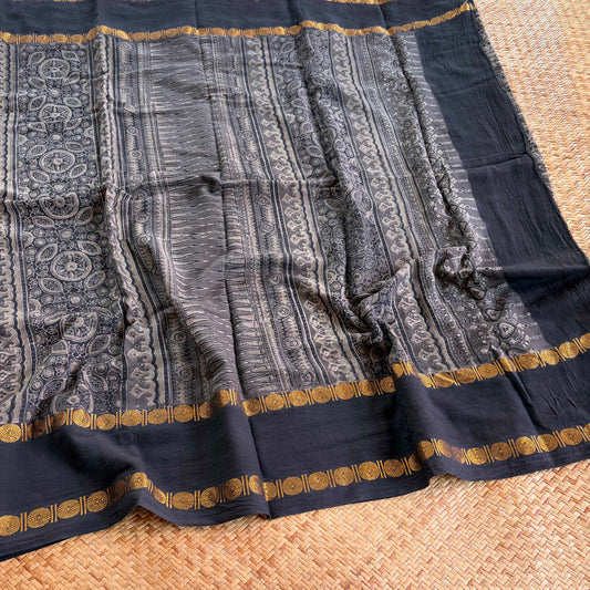 Grey, Ajrak Hand Block Printed On Madurai Cotton Saree With Zari