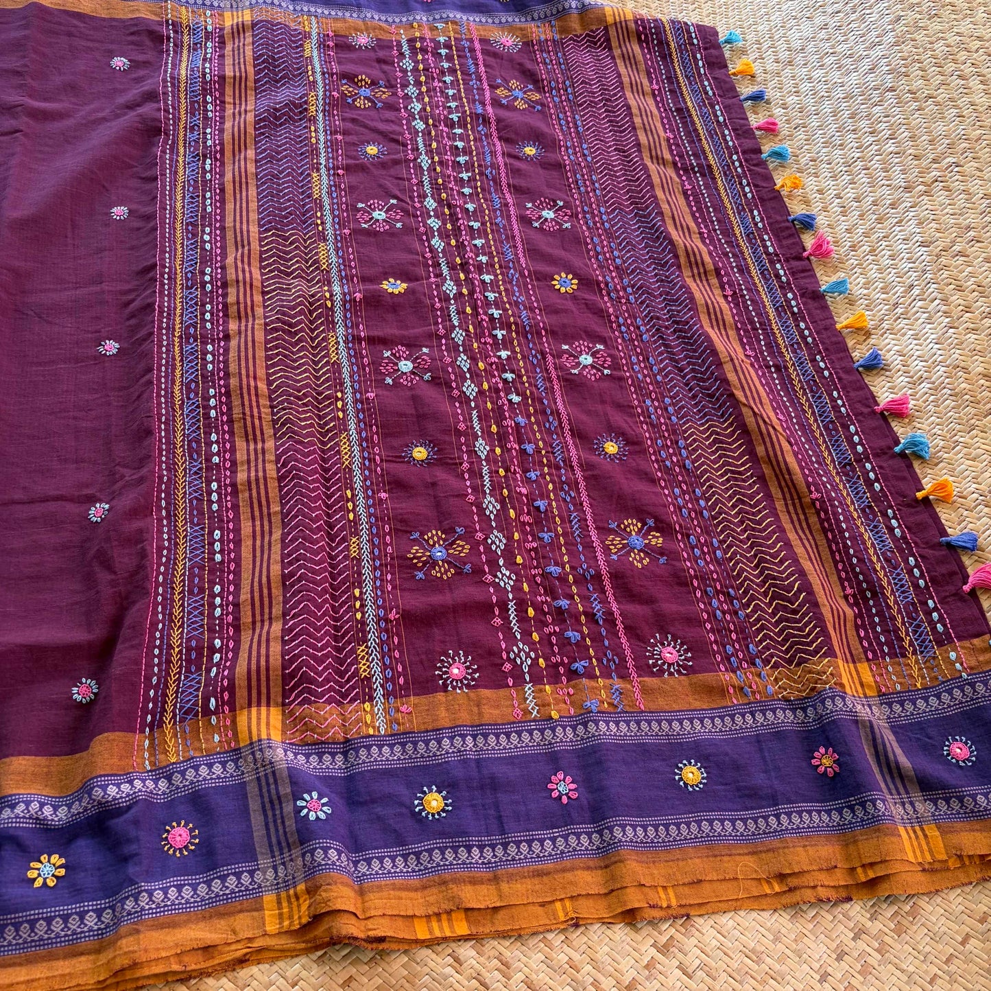Aruppukottai Handloom Saree with multi colour thread Lambamdi embroidery