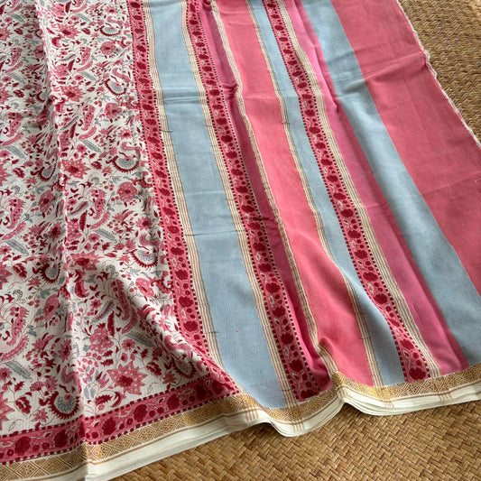 White, Jaipur Hand Block Printed On Madurai Cotton Saree With Zari