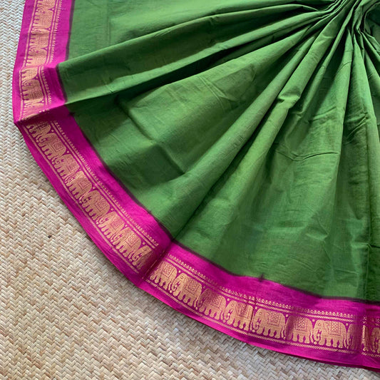Green Saree With Pink Half Fine Zari Border, Clamp dyed (Kattu sayam).