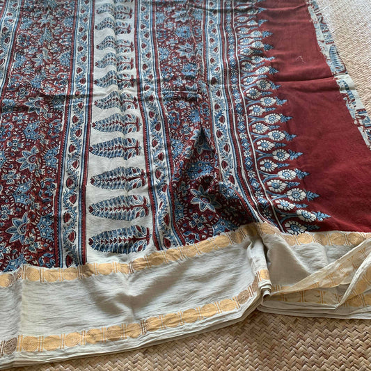 Pinecone-Cream , Ajrak Hand Block Printed On Madurai Cotton Saree With Zari