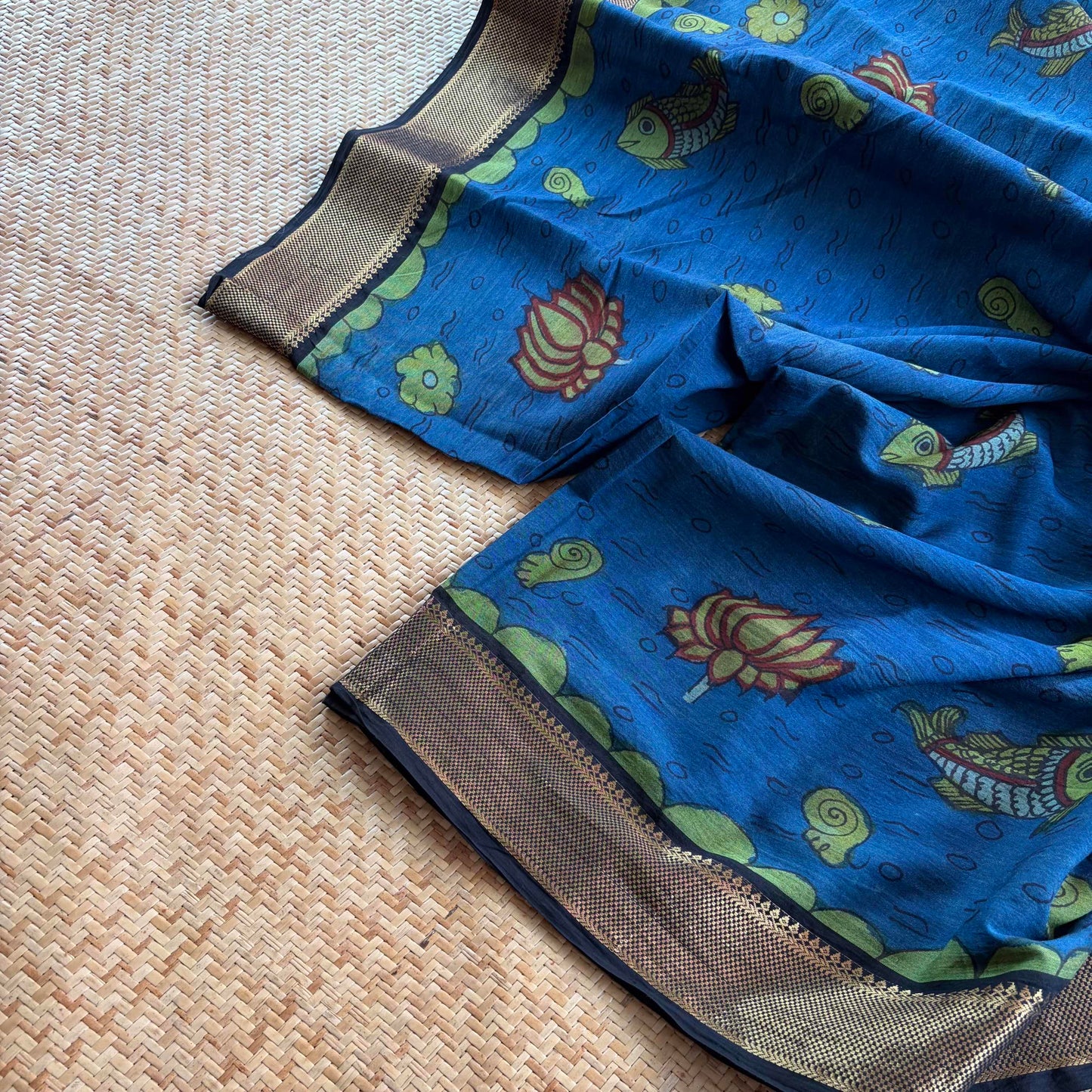 Blue Kalamkari Hand Painted on Chettinad Cotton saree