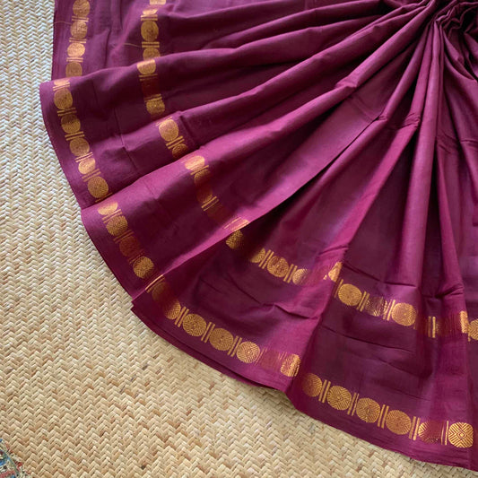 Burgundy Saree With Kalamkari Blouse , Zari Rudraksham Rettai Pettu Border , Clamp dyed (Kattu sayam).