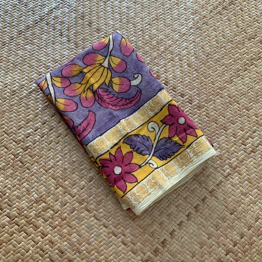 Purple Floral, Kalamkari Hand Painted on a Madurai Sungudi Cotton BLOUSE