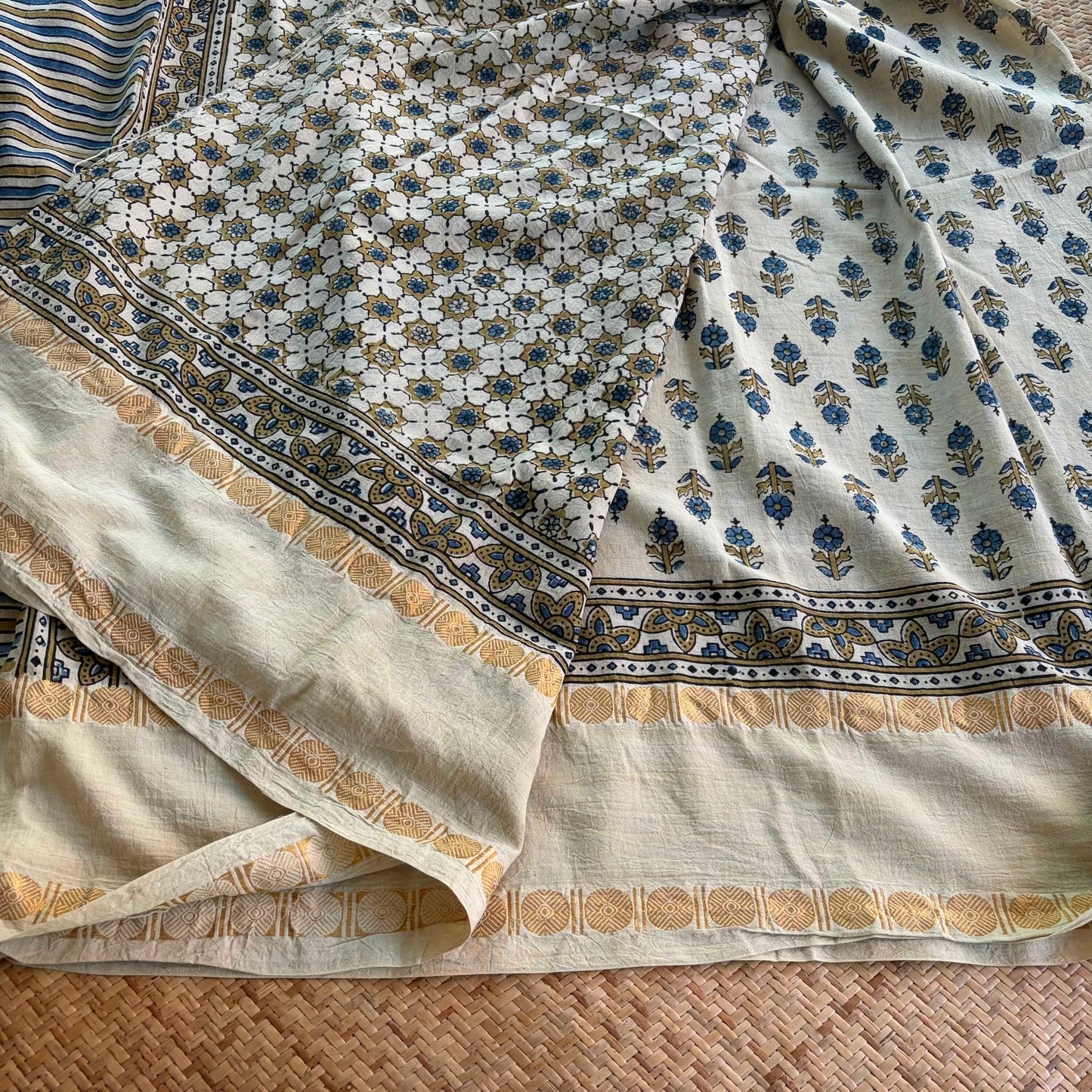 Off White, Ajrak Hand Block Printed On Madurai Cotton Saree With Zari