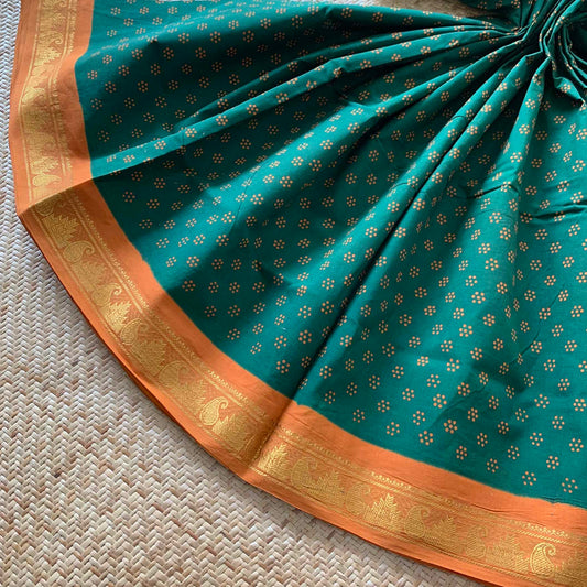 Green With Mustard Wax Print, Half Fine Zari Premium Sungudi Cotton Sarees