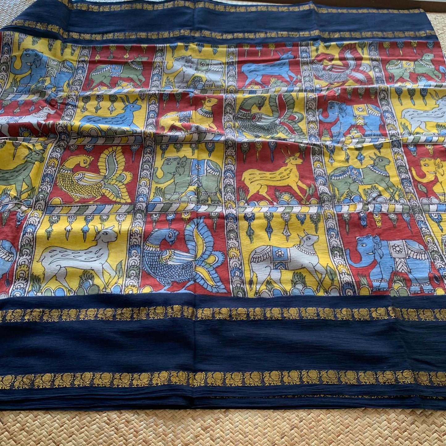 Funa, Multicoloured Kalamkari Hand Painted on a Madurai Sungudi Cotton saree.