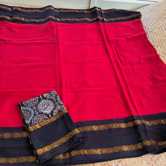 Red Saree With Ajrak Blouse , Zari Rudraksham Rettai Pettu Border , Clamp dyed (Kattu sayam)