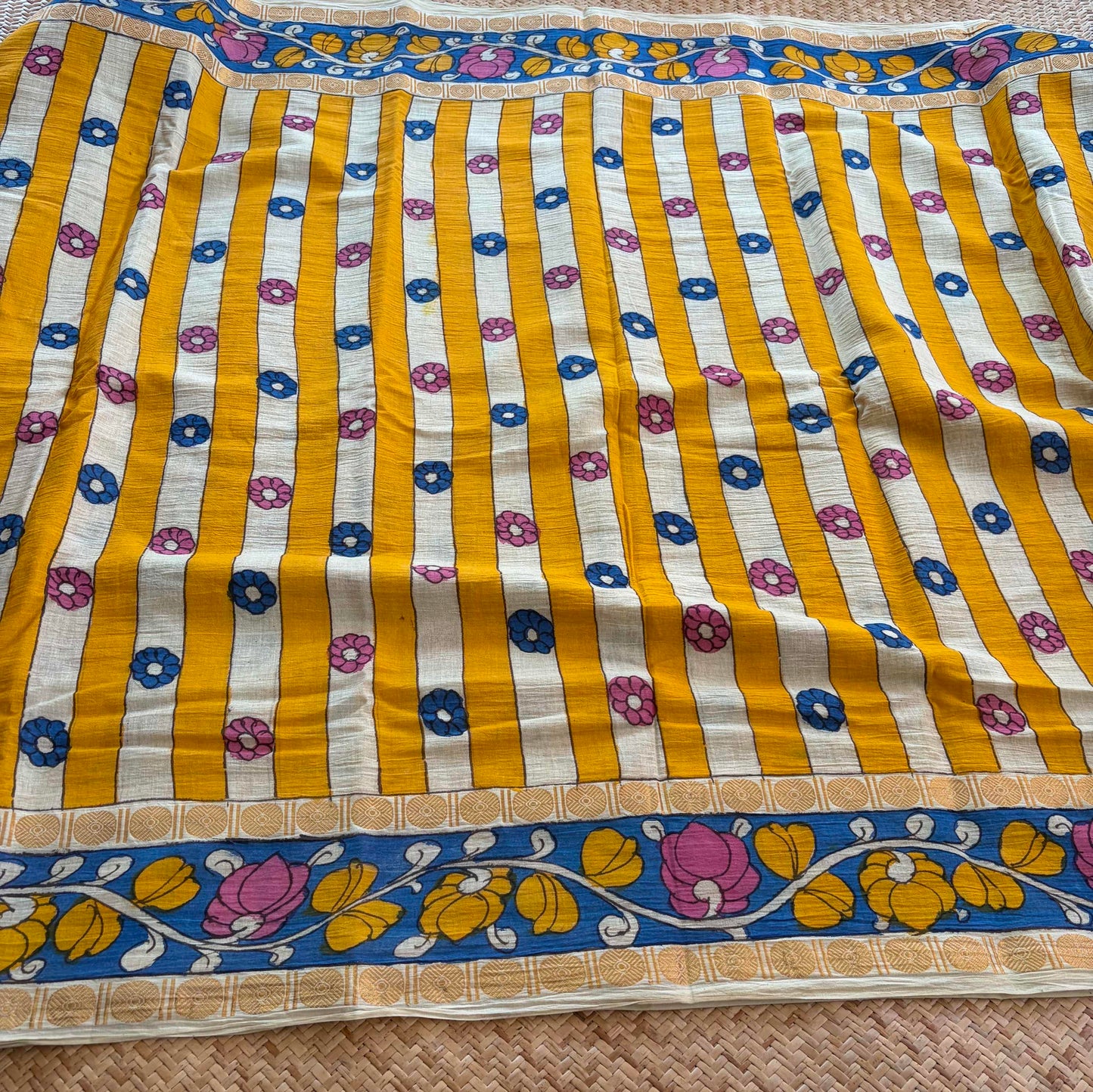 Yellow Strips Kalamkari Hand Painted on Cotton Sungudi Saree With Blouse