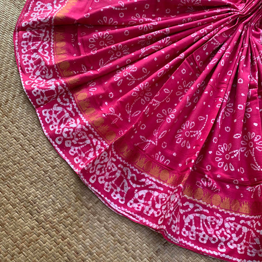Pink Hand Crafted wax print Sungudi Mul Mul Cotton Saree