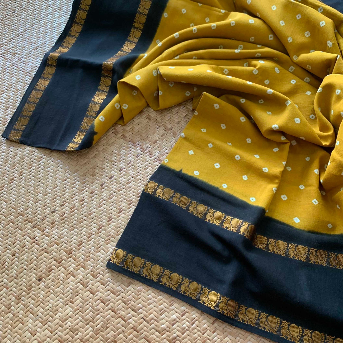 Mustard Saree With Deep Green Border, Hand knotted Sungudi On a Rudraksham Border Cotton saree, Kaikattu Sungadi