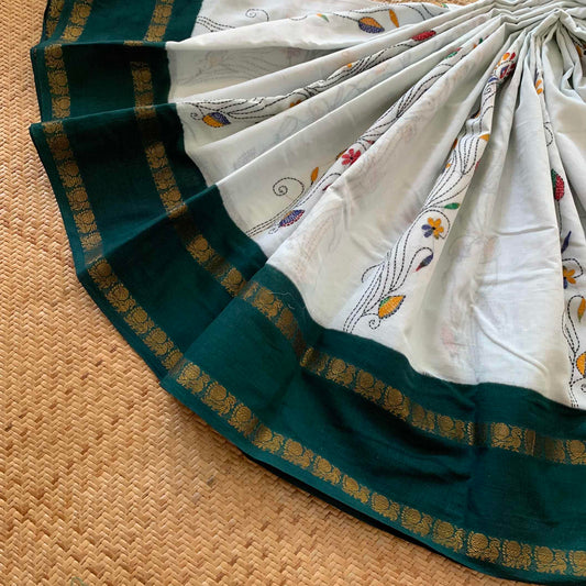Sungudi Saree with multi colour thread Kantha embroidery