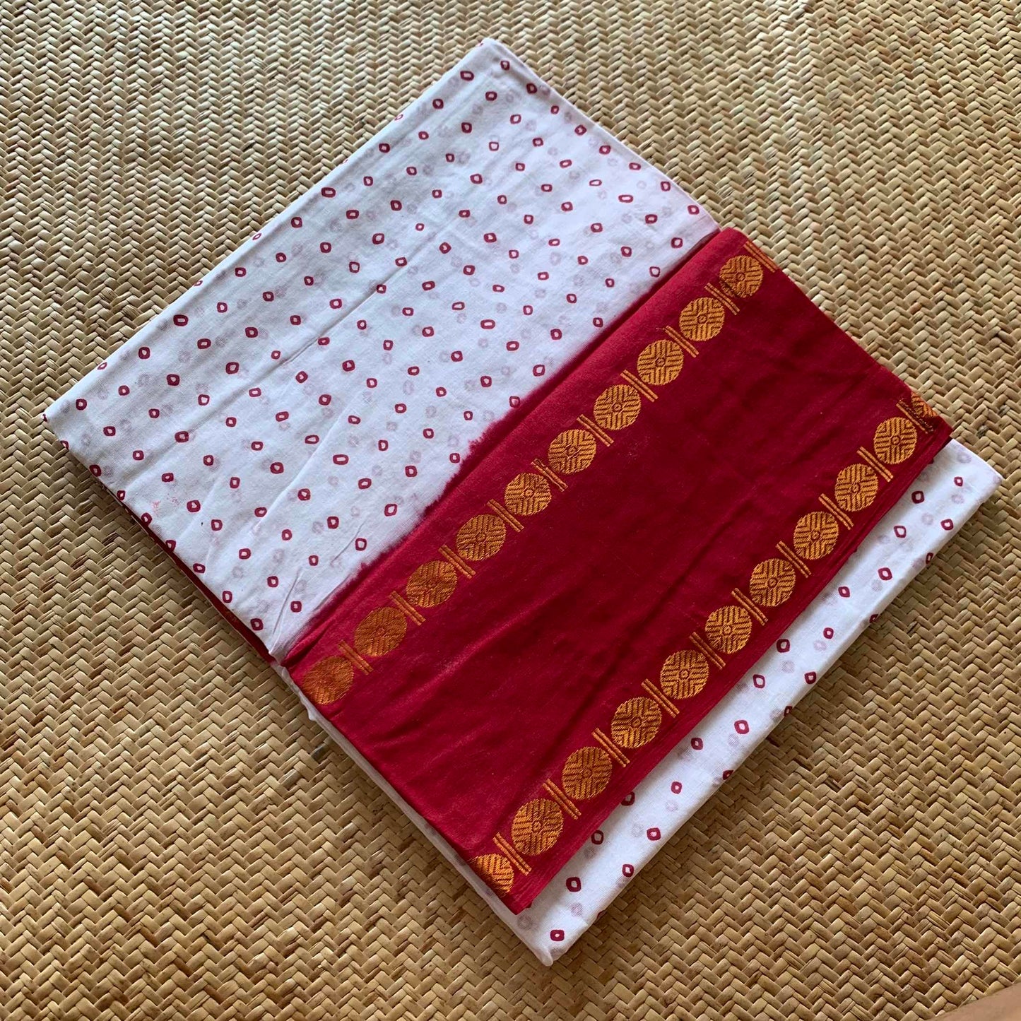 Red Rudraksham Border With Block Print, Sungudi Saree