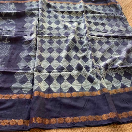 Frames.2- Denim Blue, Hand Crafted Shibori Sungudi Cotton Saree