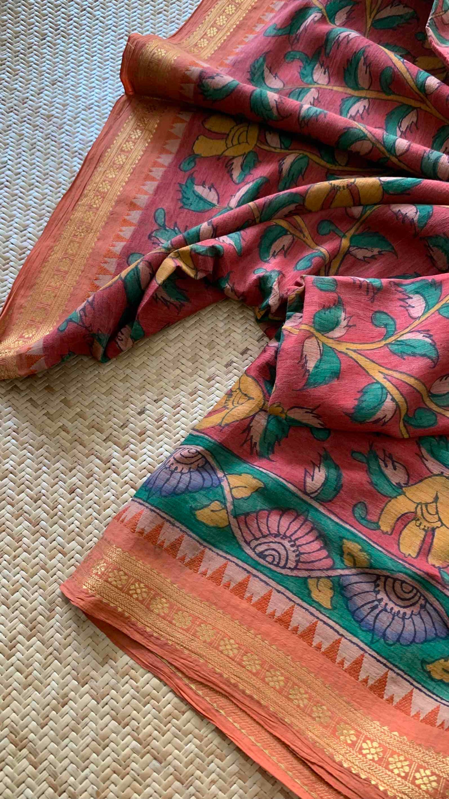 Red,Kalamkari Hand Painted on Chettinad Cotton saree