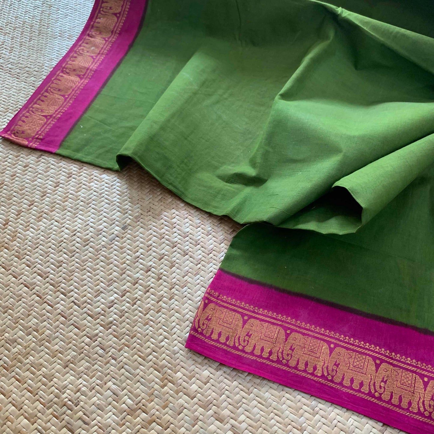 Green Saree With Pink Half Fine Zari Border, Clamp dyed (Kattu sayam).