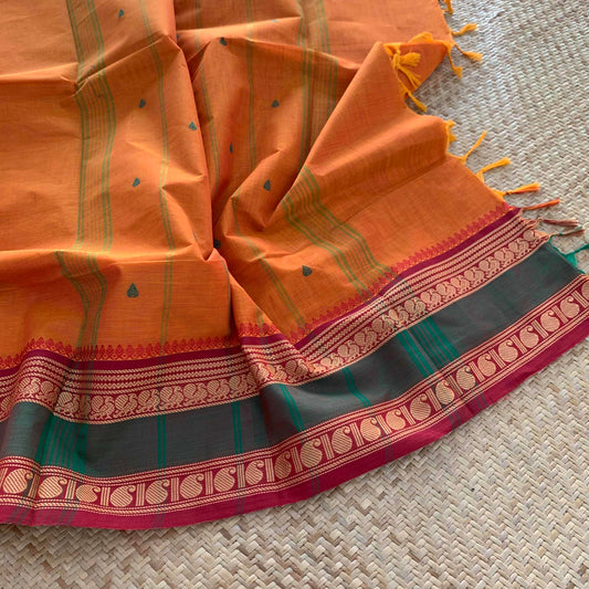 Chettinad Cotton Saree, Orange Saree with Thread Border