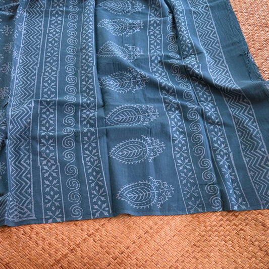 Mul Mul Cotton saree, Hand Block Printed, Blue