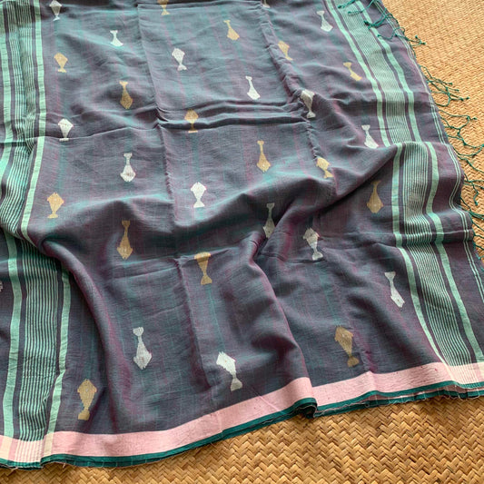 Double Tone Grey, Handwoven Jamdani Soft cotton Saree