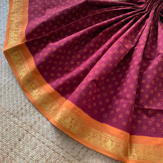 Maroon With Mustard Wax Print, Half Fine Zari Premium Sungudi Cotton Sarees