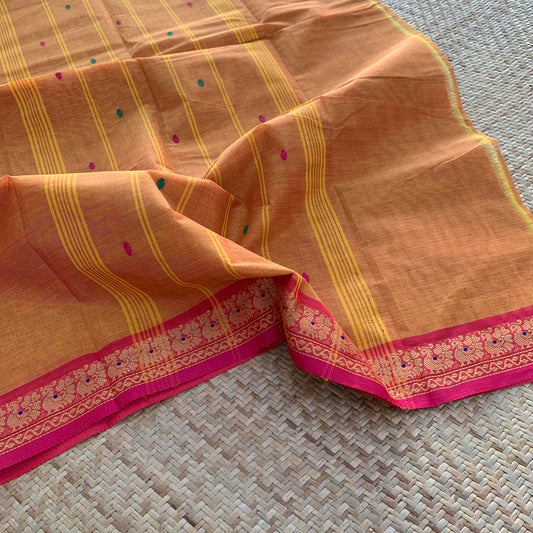 Chettinad Cotton Saree, Orange  Saree with Thread Border