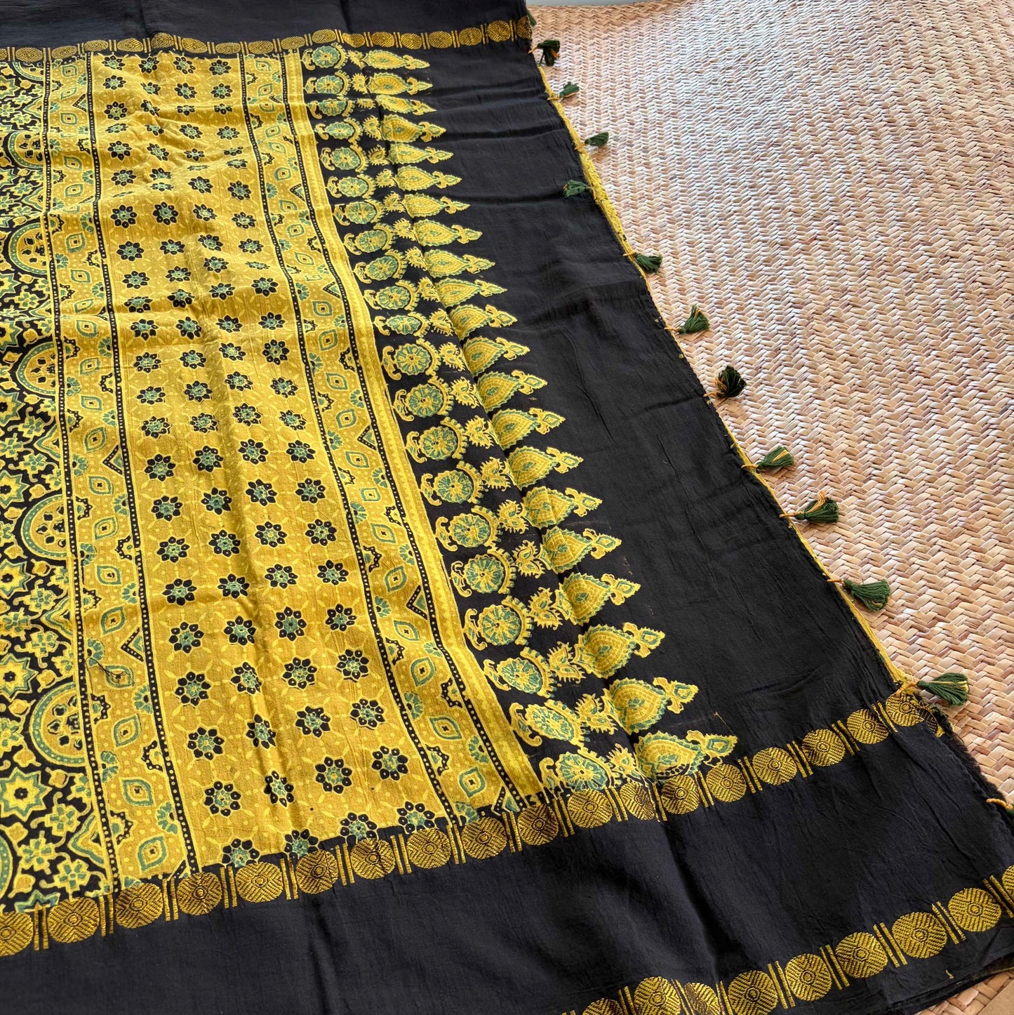 Mustard, Ajrak Hand Block Printed On Madurai Cotton Saree With Zari
