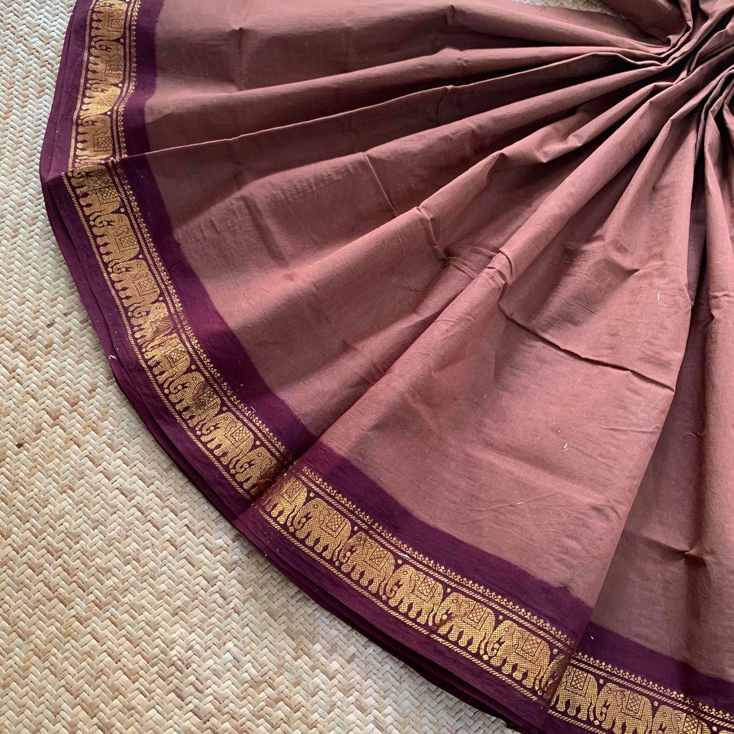 Chocolate Brown Saree With Beetle Nut Brown Half Fine Zari Border, Clamp dyed (Kattu sayam).