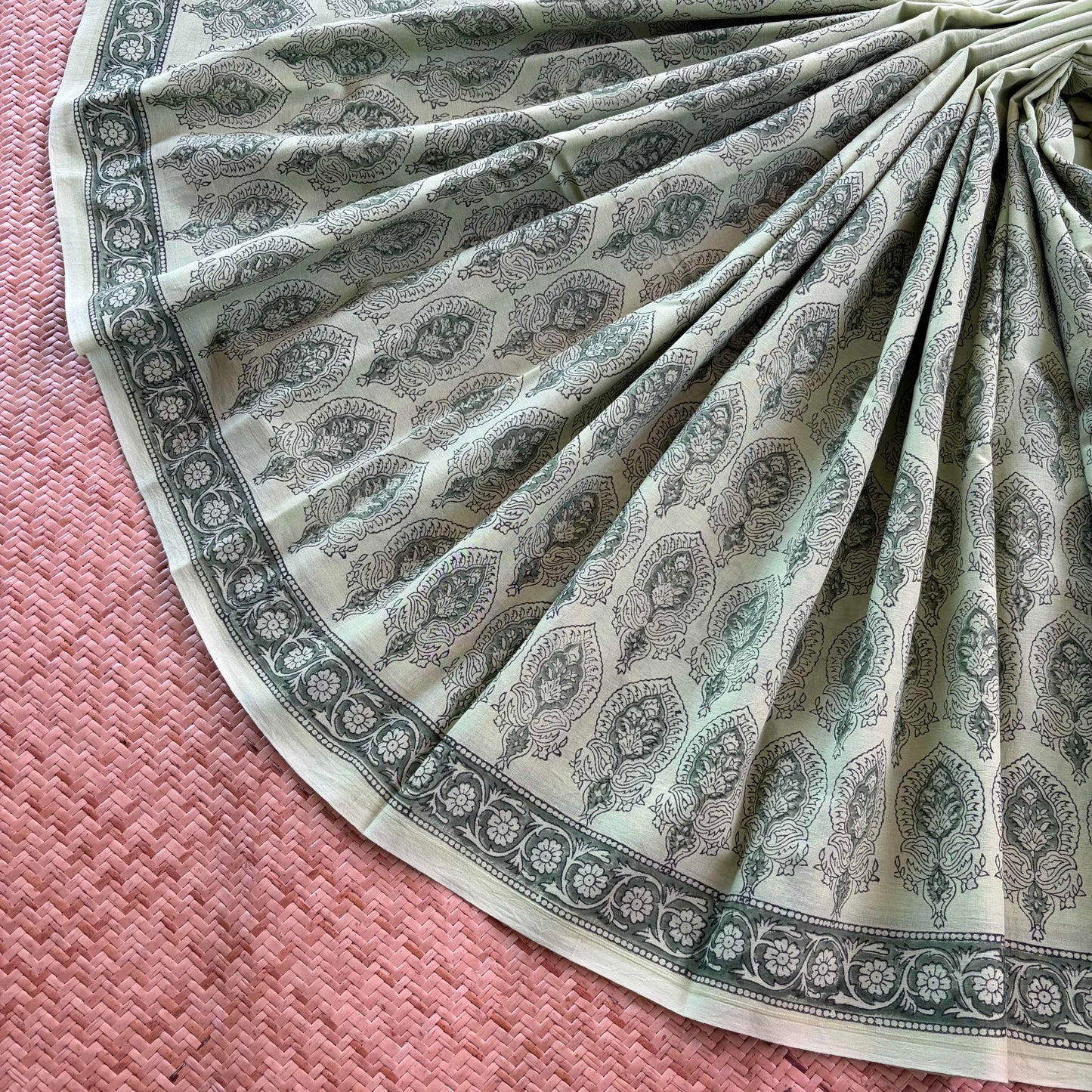 Mul Mul Cotton saree, Hand Block Printed, Pastel Green