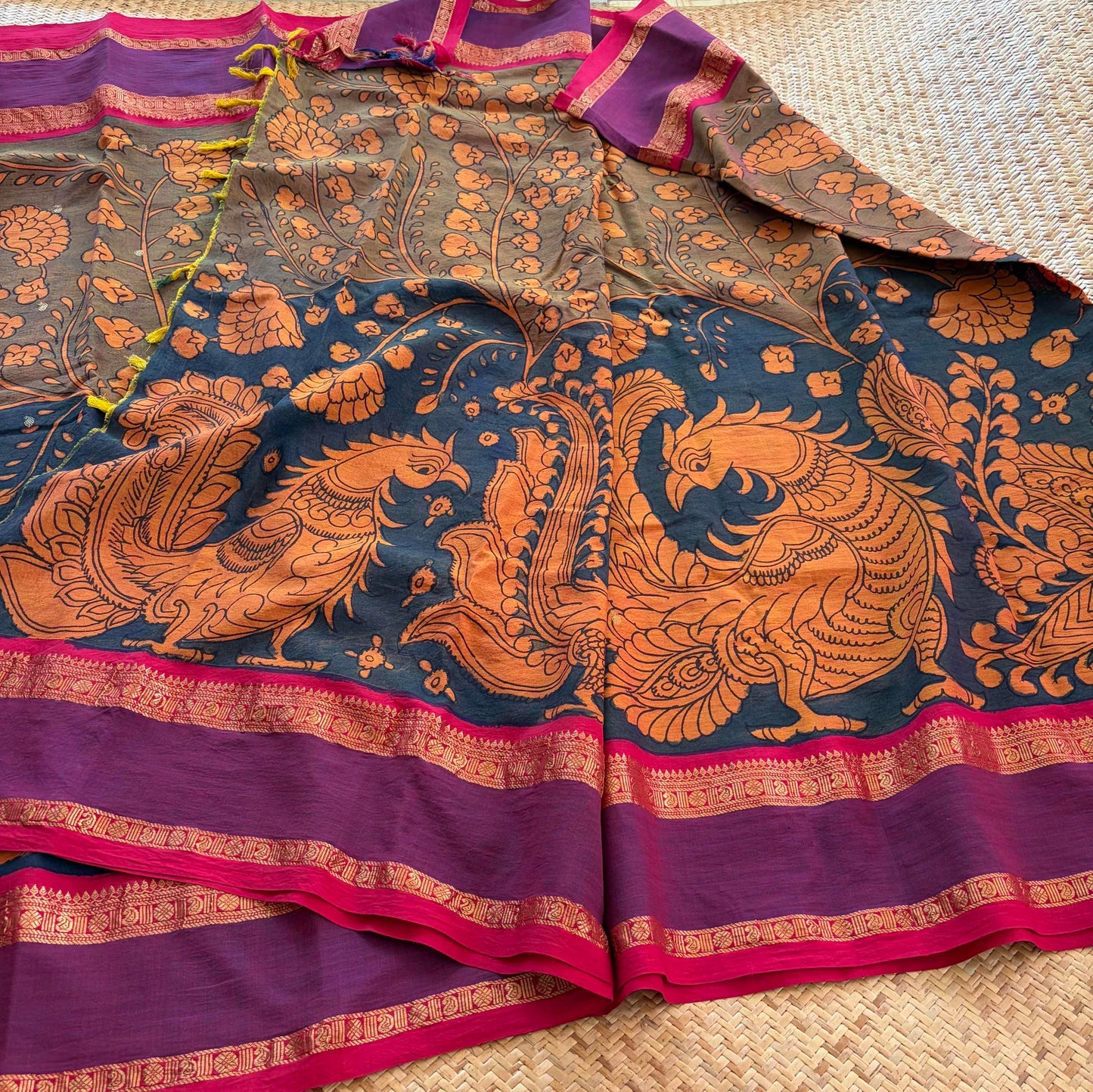 Multicoloured Kalamkari Hand Painted on Chettinad Cotton saree