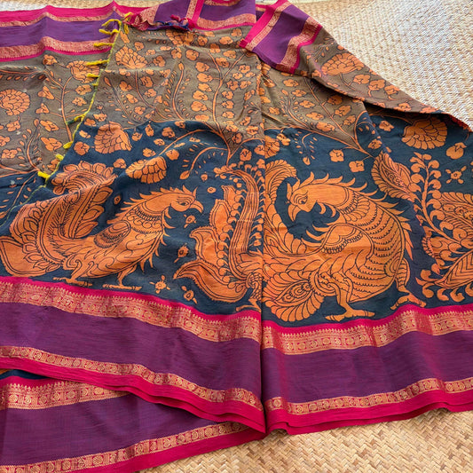 Multicoloured Kalamkari Hand Painted on Chettinad Cotton saree
