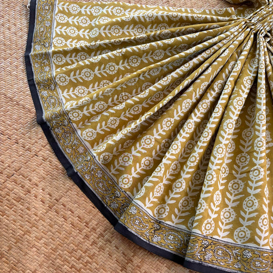 Mul Mul Cotton saree, Hand Block Printed, Yellow