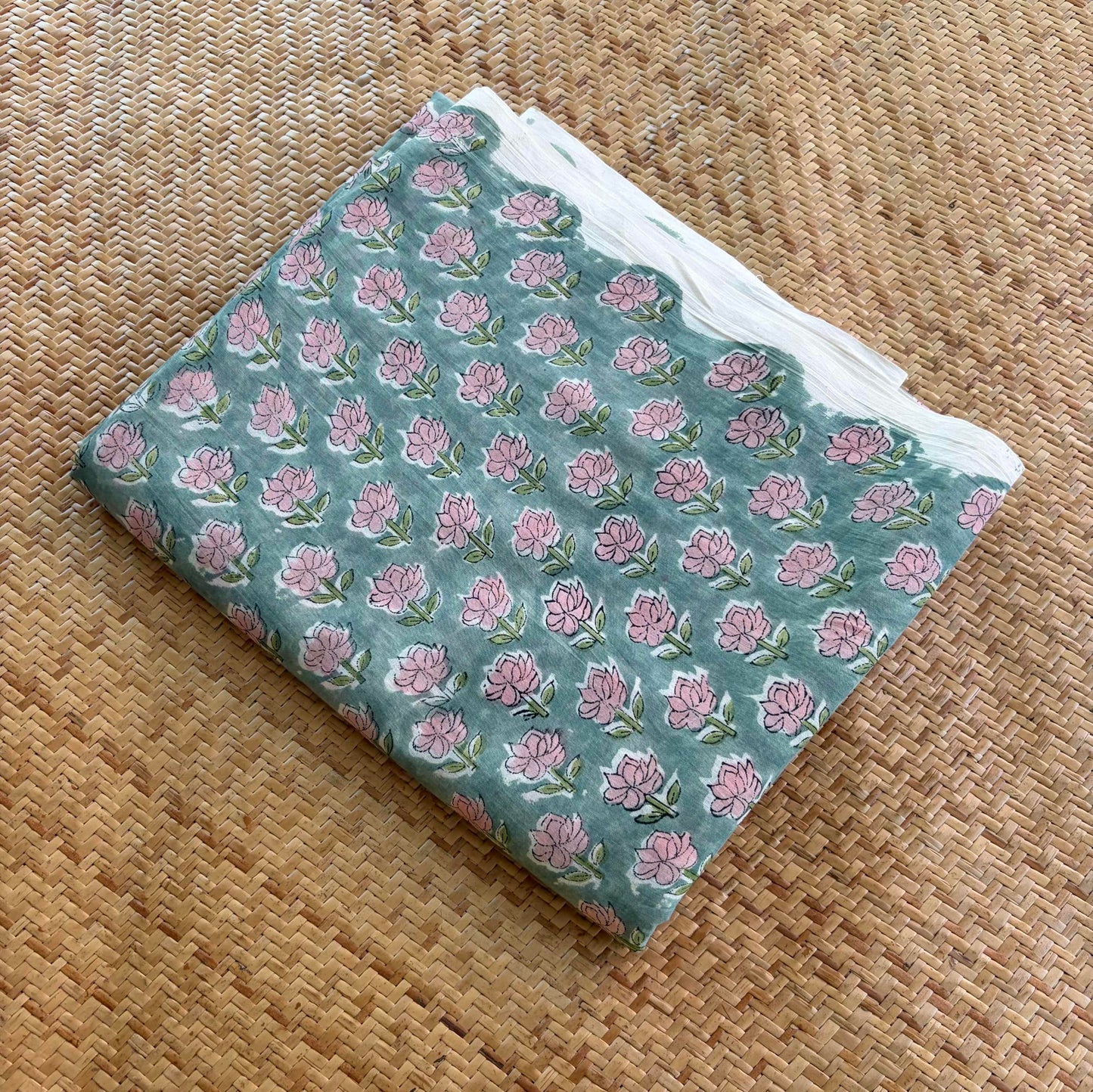 Hand Block Printed Sanganeri Cotton Running Fabric, Aqua