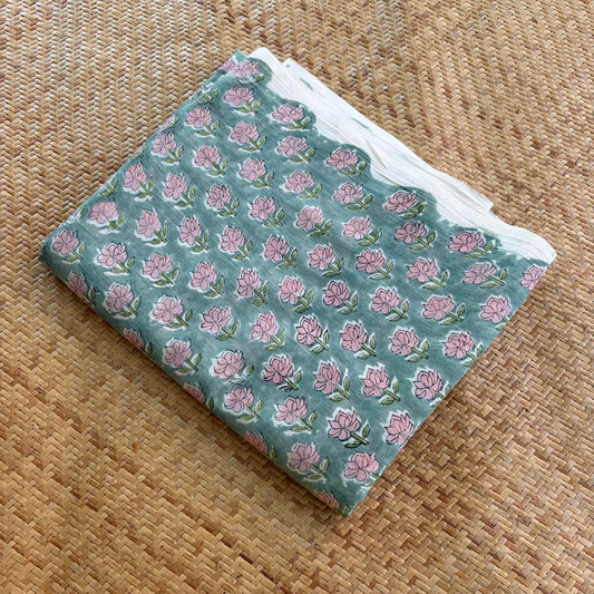 Hand Block Printed Sanganeri Cotton Running Fabric, Aqua