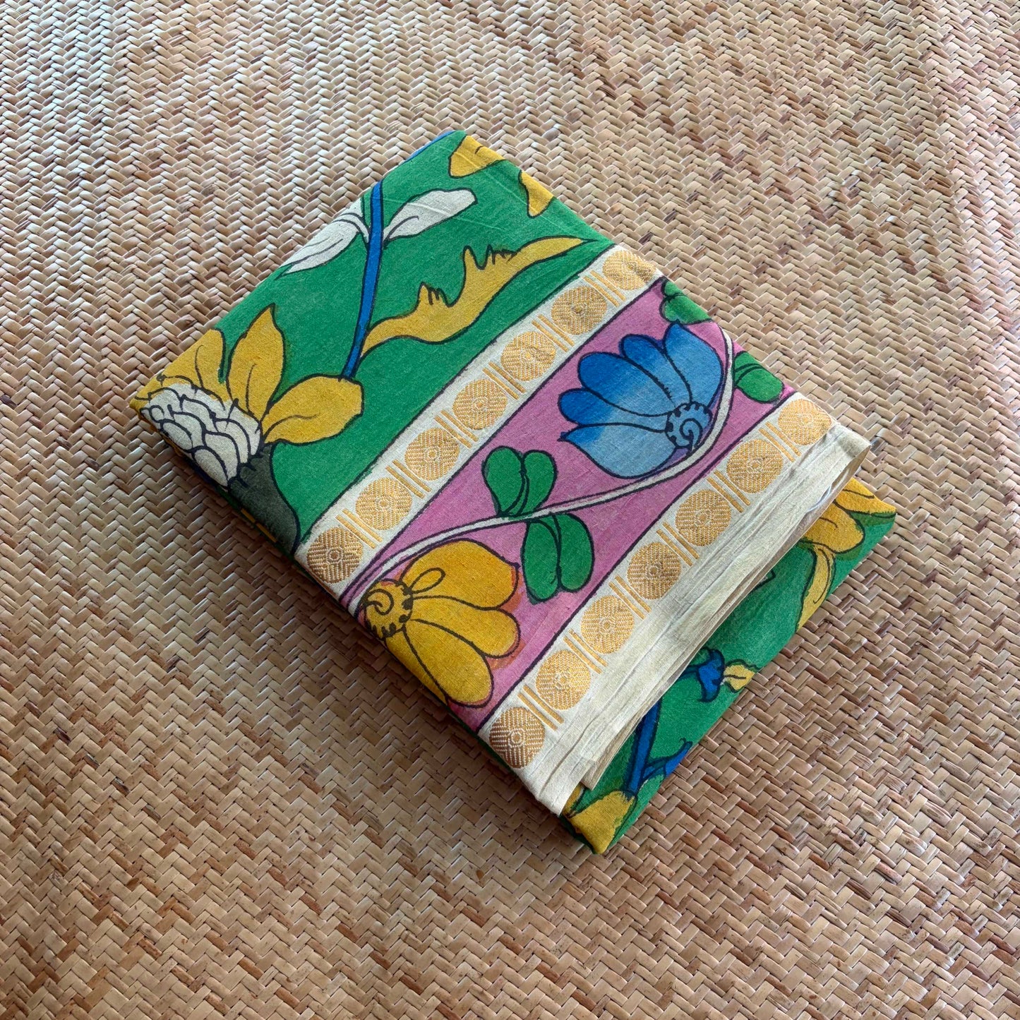 Green Kalamkari Hand Painted on Cotton Sungudi Saree With Blouse