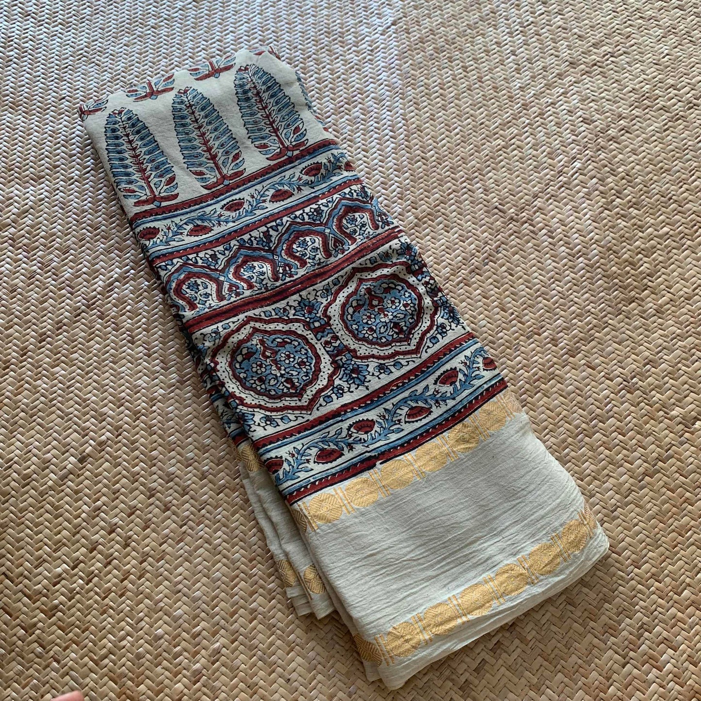 Pinecone-Cream , Ajrak Hand Block Printed On Madurai Cotton Saree With Zari