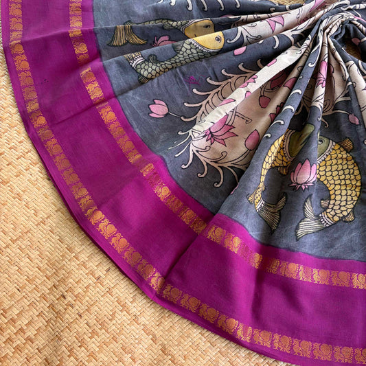 Fish, Kalamkari Hand Painted on a Madurai Sungudi Cotton saree.