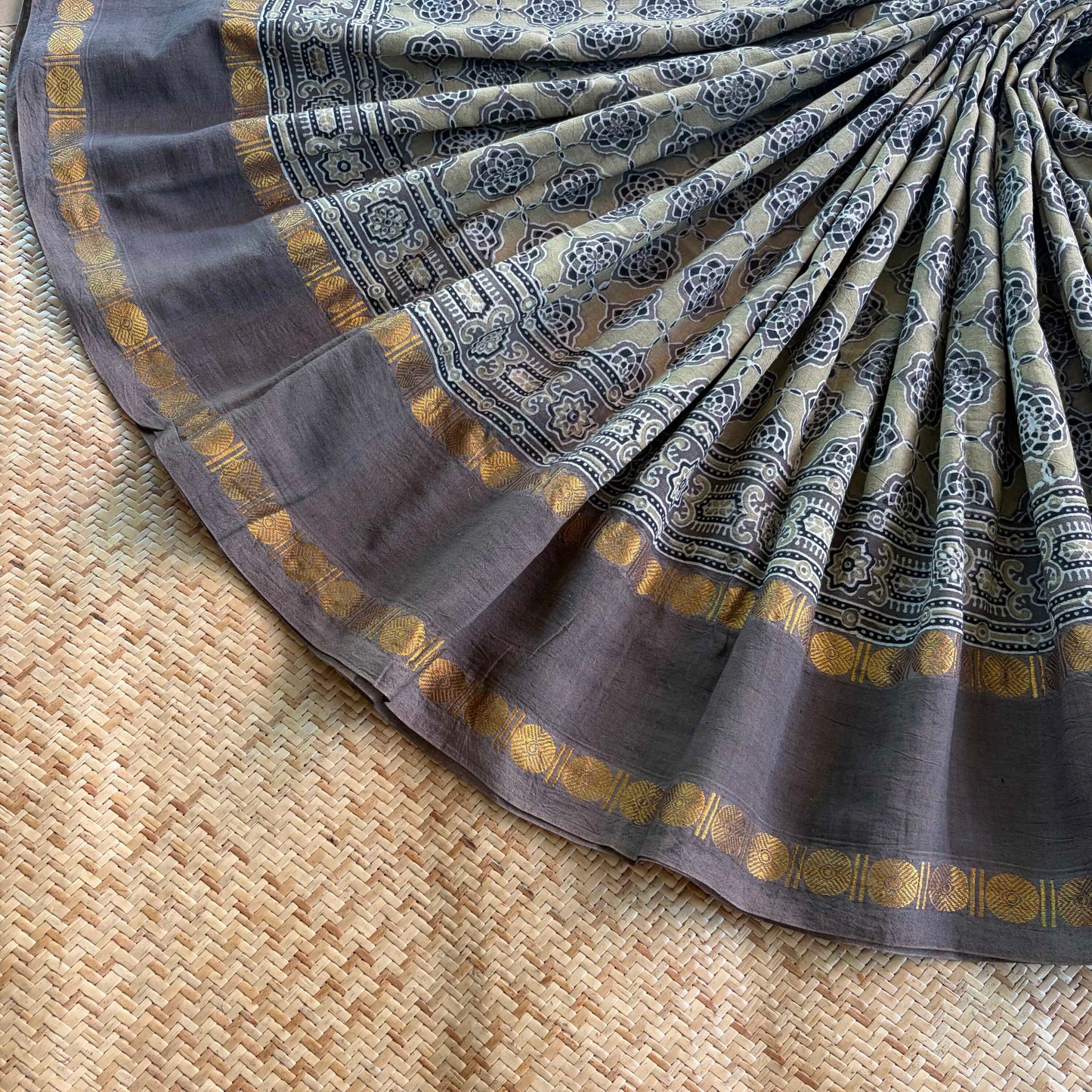Taupe, Ajrak Hand Block Printed On Madurai Cotton Saree With Zari