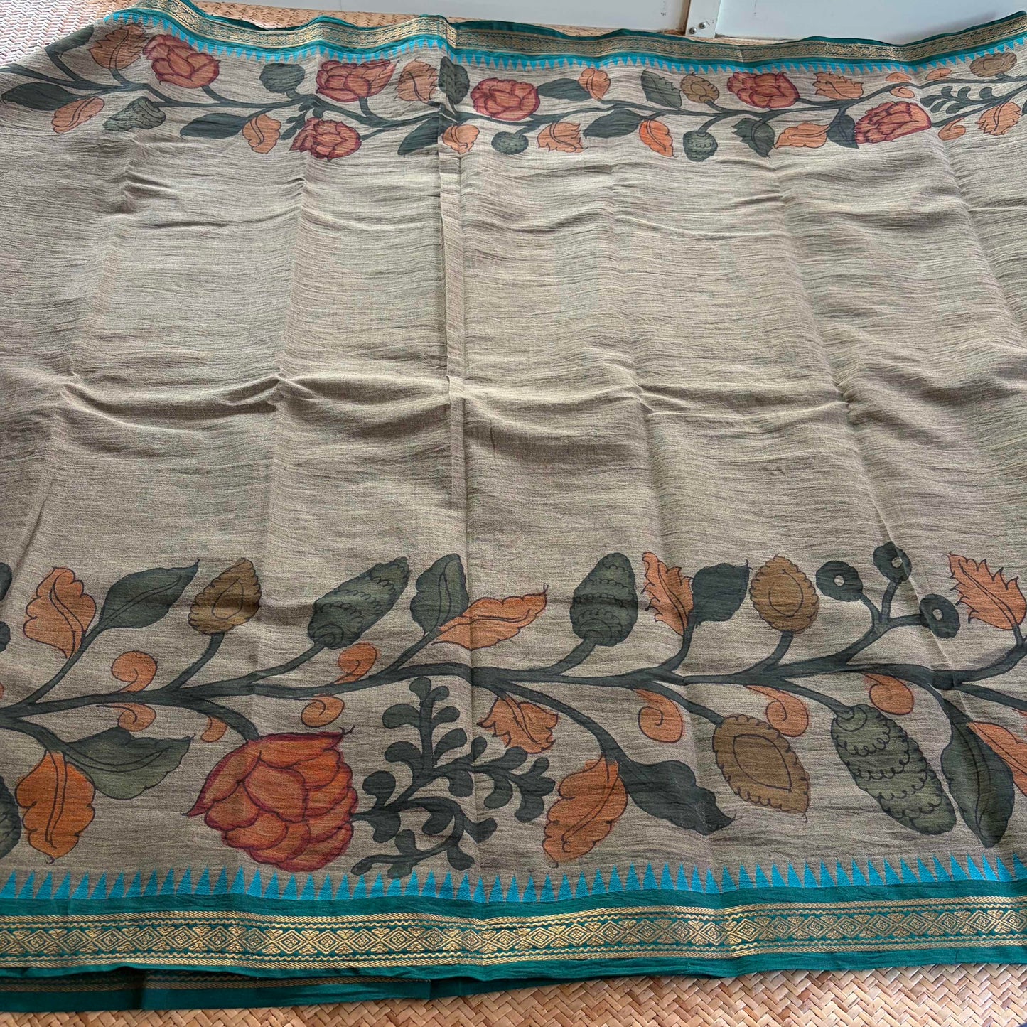 Grey Kalamkari Hand Painted on Chettinad Cotton saree