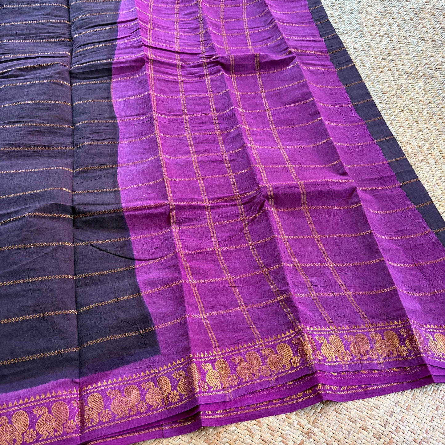 Dark Brown saree with Purple Border, Zari Velthari Madurai Sungadi Saree with blouse