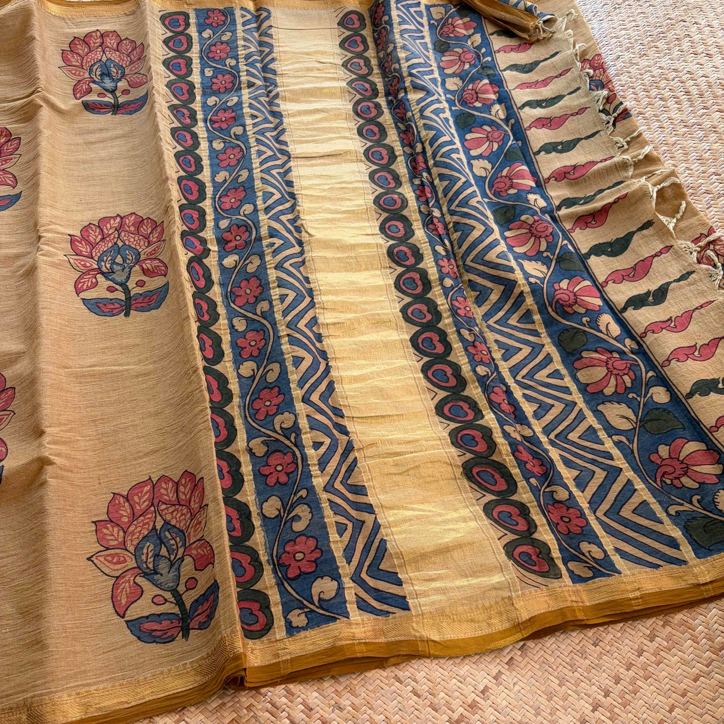 Biscuit Kalamkari Hand Painted on Chettinad Cotton saree