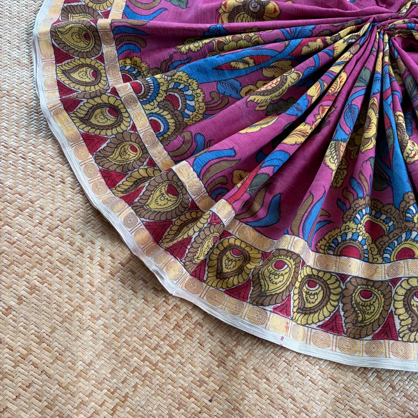 Pink Kalamkari Hand Painted on Cotton Sungudi Saree With Blouse