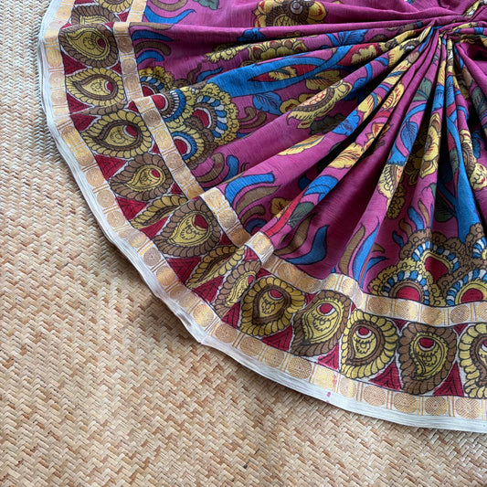 Pink Kalamkari Hand Painted on Cotton Sungudi Saree With Blouse